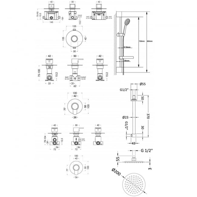 Nuie Arvan Thermostatic Concealed Mixer Shower with Shower Kit + Fixed Head Stop Tap and Diverter