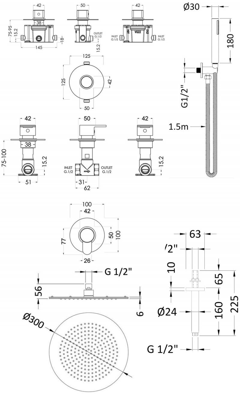 Nuie Arvan Thermostatic Concealed Mixer Shower with Shower Handset + Fixed Head and Stop Taps