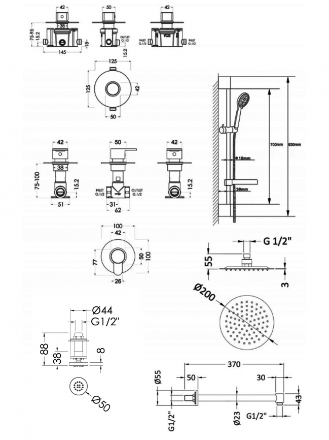 Nuie Arvan Thermostatic Concealed Mixer Shower with Shower Kit + Fixed Head Stop Tap and Body Jet