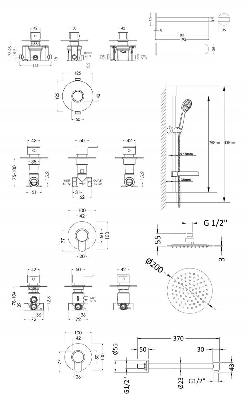 Nuie Arvan Thermostatic Concealed Mixer Shower with Shower Kit + Fixed Head Stop Tap and Bath Spout