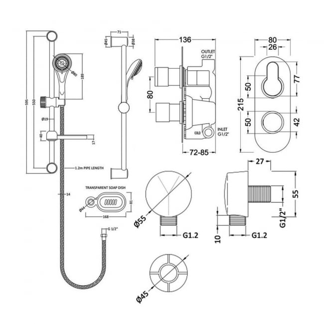 Nuie Arvan Twin Round Thermostatic Concealed Shower Valve with Slider Rail Kit - Chrome