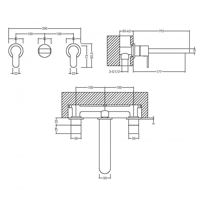 Nuie Arvan 3-Hole Wall Mounted Basin Mixer Tap without Plate - Chrome