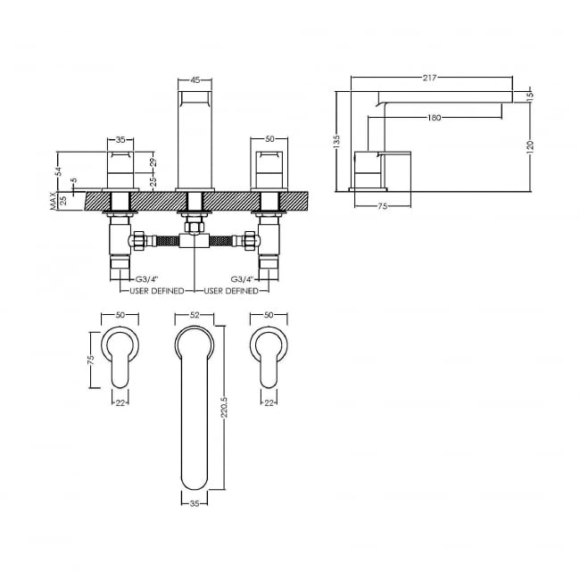 Nuie Arvan 3-Hole Deck Mounted Bath Filler Tap - Chrome