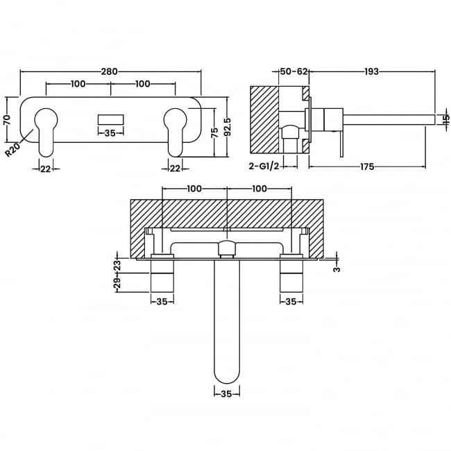 Nuie Arvan 3-Hole Wall Mounted Basin Mixer Tap with Plate - Chrome