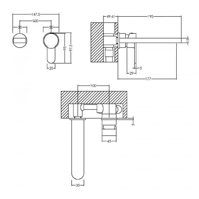 Nuie Arvan 2-Hole Wall Mounted Basin Mixer Tap without Plate - Chrome