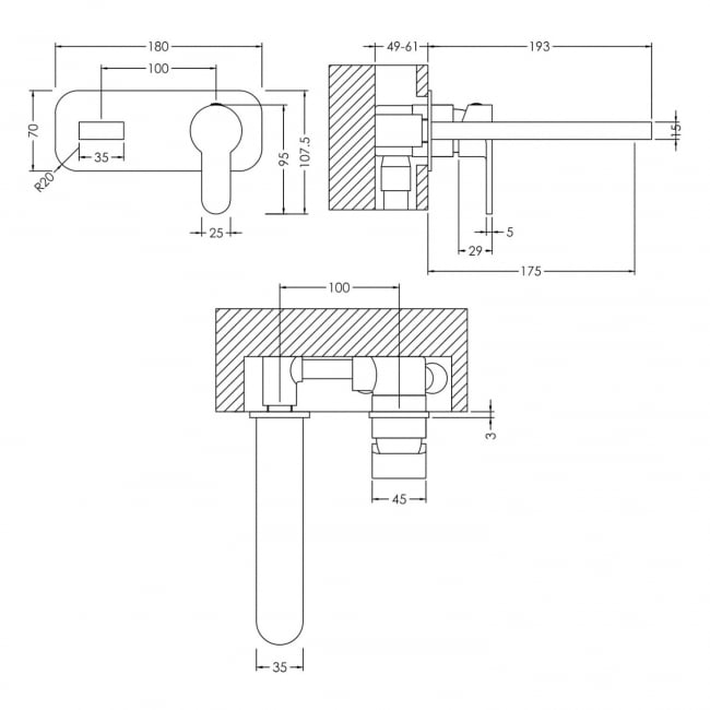 Nuie Arvan 2-Hole Wall Mounted Basin Mixer Tap with Plate - Brushed Pewter