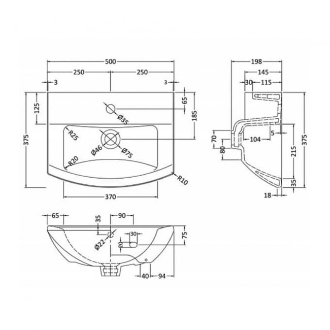 Nuie Asselby Wall Hung Cloakroom Basin 500mm Wide - 1 Tap Hole