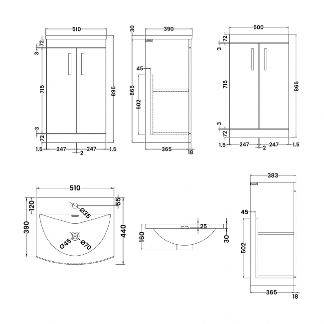 Nuie Athena Floor Standing 2-Door Vanity Unit with Basin-4 500mm Wide - Gloss Grey