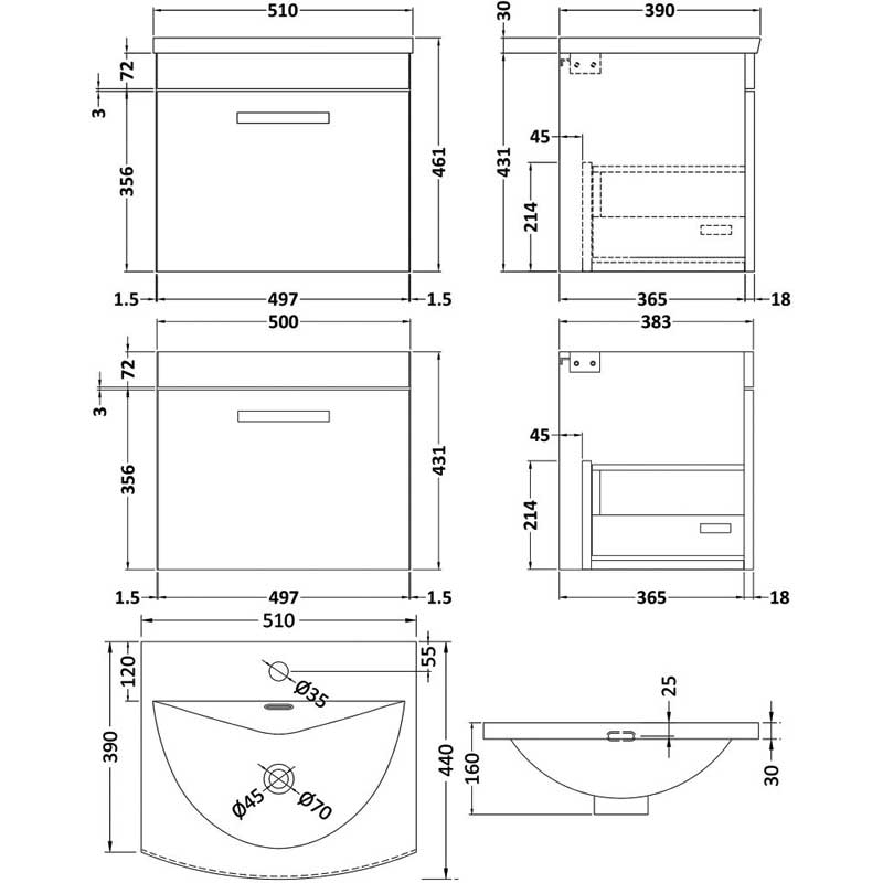 Nuie Athena Wall Hung 1-Drawer Vanity Unit with Basin-4 500mm Wide - Charcoal Black