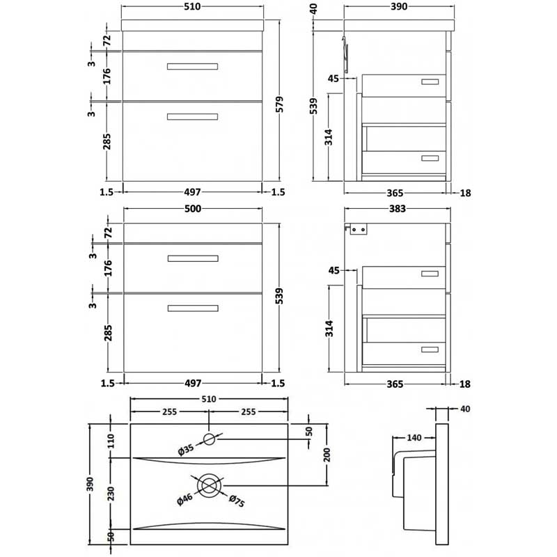 Nuie Athena Wall Hung 2-Drawer Vanity Unit with Basin-1 500mm Wide - Anthracite Woodgrain