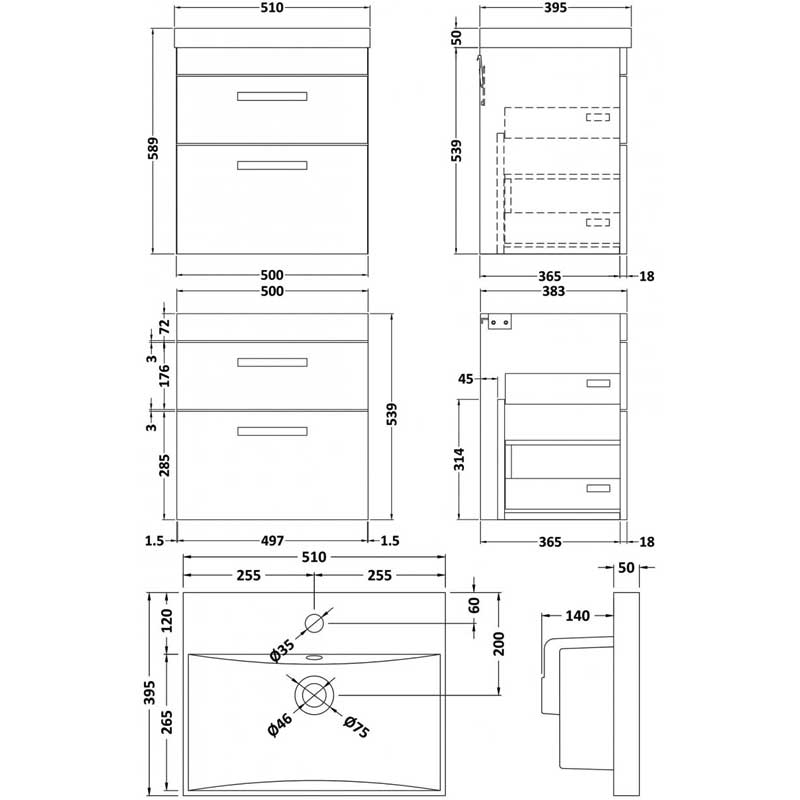 Nuie Athena Wall Hung 2-Drawer Vanity Unit with Basin-3 500mm Wide - Anthracite Woodgrain