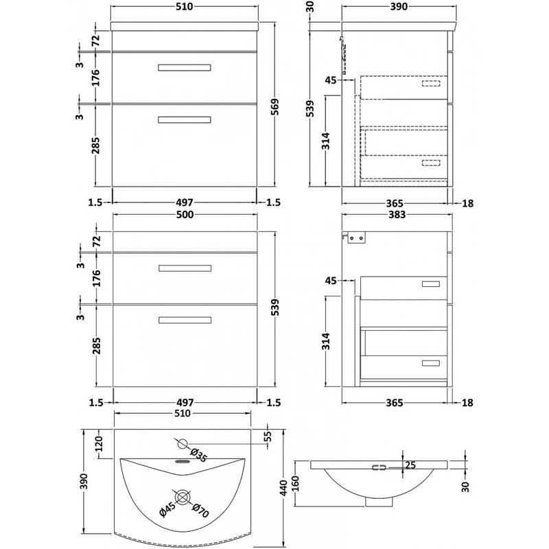 Nuie Athena Wall Hung 2-Drawer Vanity Unit with Basin-4 500mm Wide - Gloss Grey