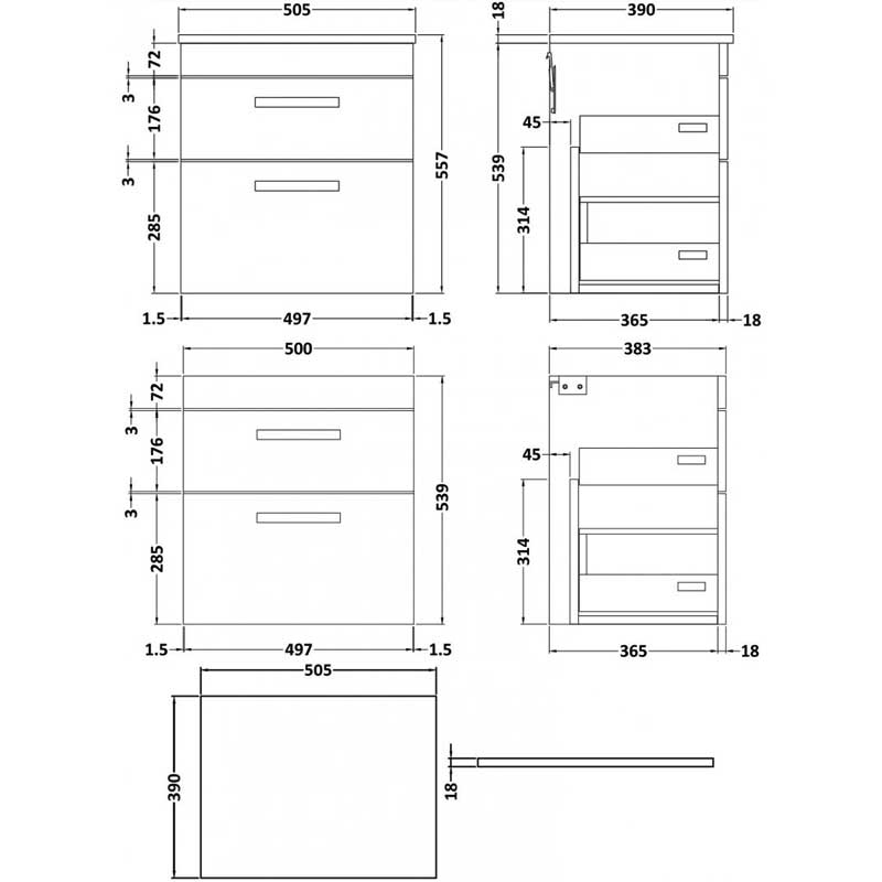 Nuie Athena Wall Hung 2-Drawer Vanity Unit and Worktop 500mm Wide - Anthracite Woodgrain