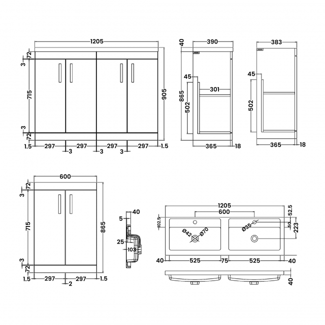 Nuie Athena Floor Standing 4-Door Vanity Unit with Double Basin 1200mm Wide - Gloss White