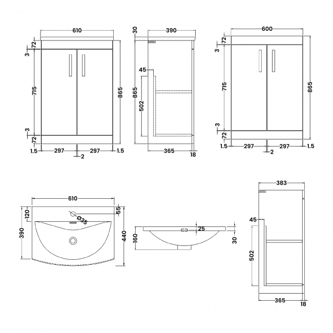 Nuie Athena Floor Standing 2-Door Vanity Unit with Basin-4 600mm Wide - Gloss White