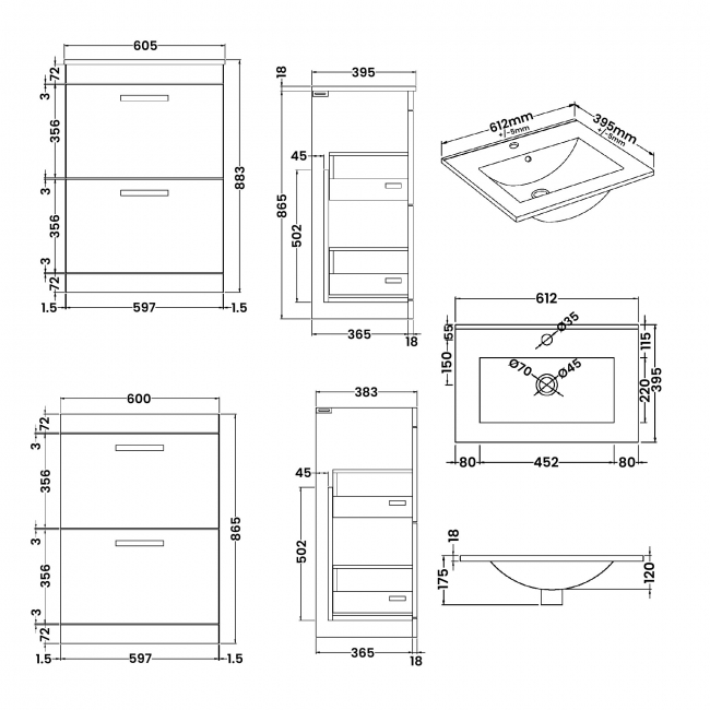 Nuie Athena Floor Standing 2-Drawer Vanity Unit with Basin-2 600mm Wide - Anthracite Woodgrain