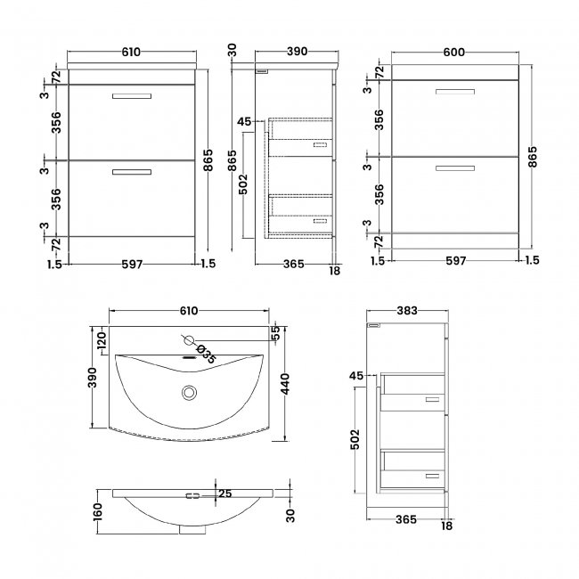 Nuie Athena Floor Standing 2-Drawer Vanity Unit with Basin-4 600mm Wide - Gloss Grey