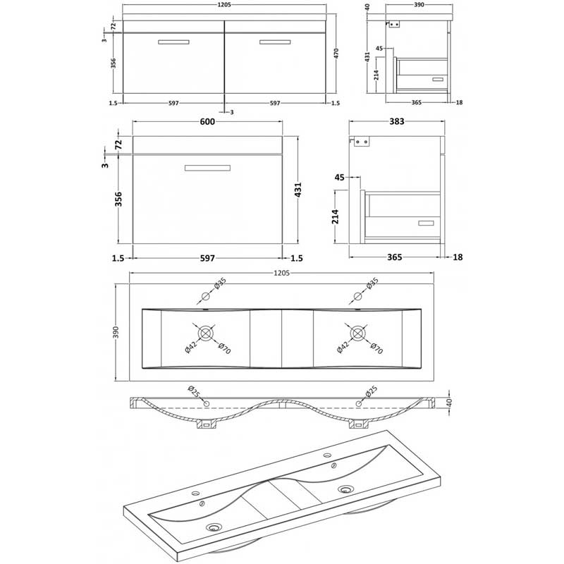 Nuie Athena Wall Hung 2-Drawer Vanity Unit with Double Ceramic Basin 1200mm Wide - Gloss Grey