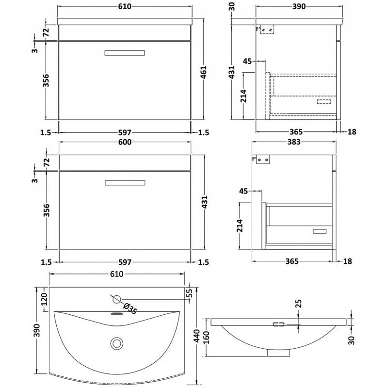 Nuie Athena Wall Hung 1-Drawer Vanity Unit with Basin-4 600mm Wide - Gloss Grey