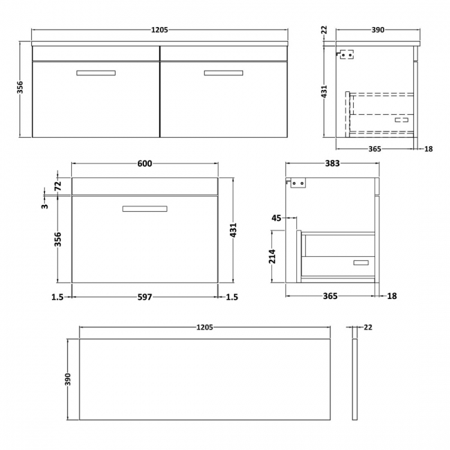 Nuie Athena Vanity Unit | 1200mm | ATH077LCM2 | Gloss Grey