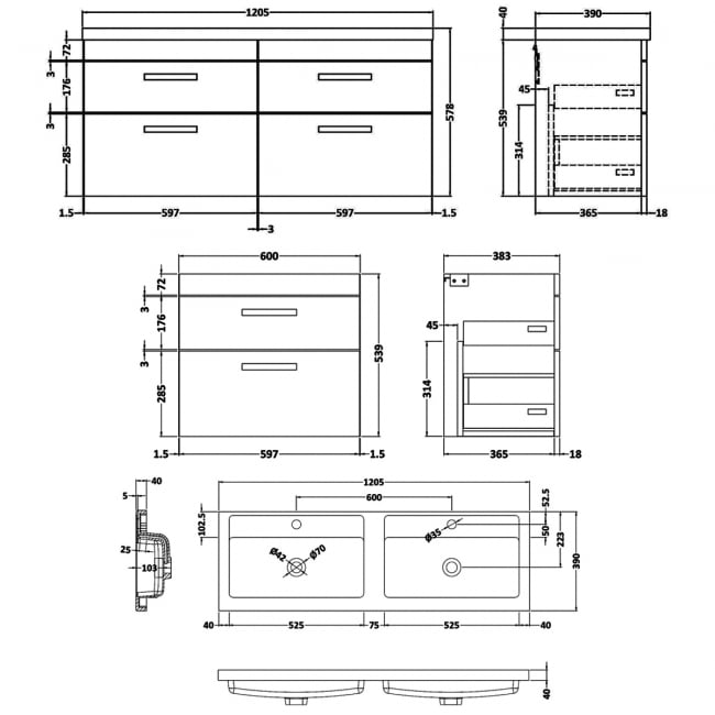 Nuie Athena Wall Hung 4-Drawer Vanity Unit with Double Basin 1200mm Wide - Gloss White