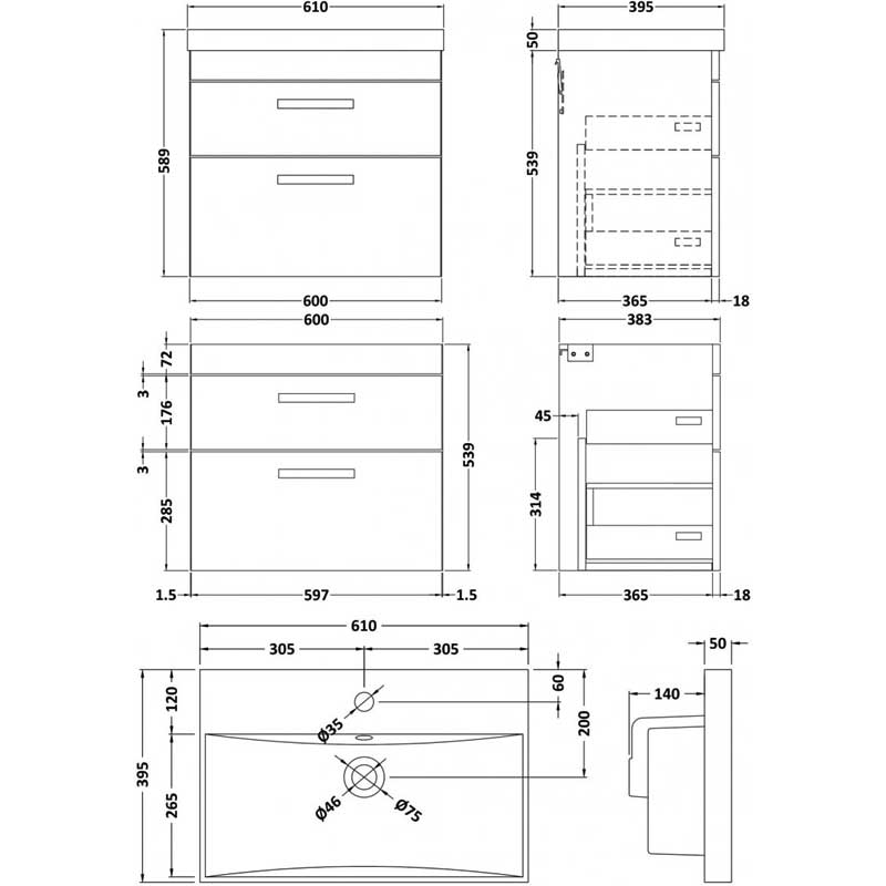 Nuie Athena Wall Hung 2-Drawer Vanity Unit with Basin-3 600mm Wide - Charcoal Black