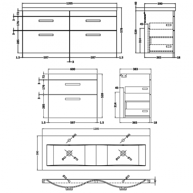 Nuie Athena Wall Hung 4-Drawer Vanity Unit with Double Ceramic Basin 1200mm Wide - Gloss Grey