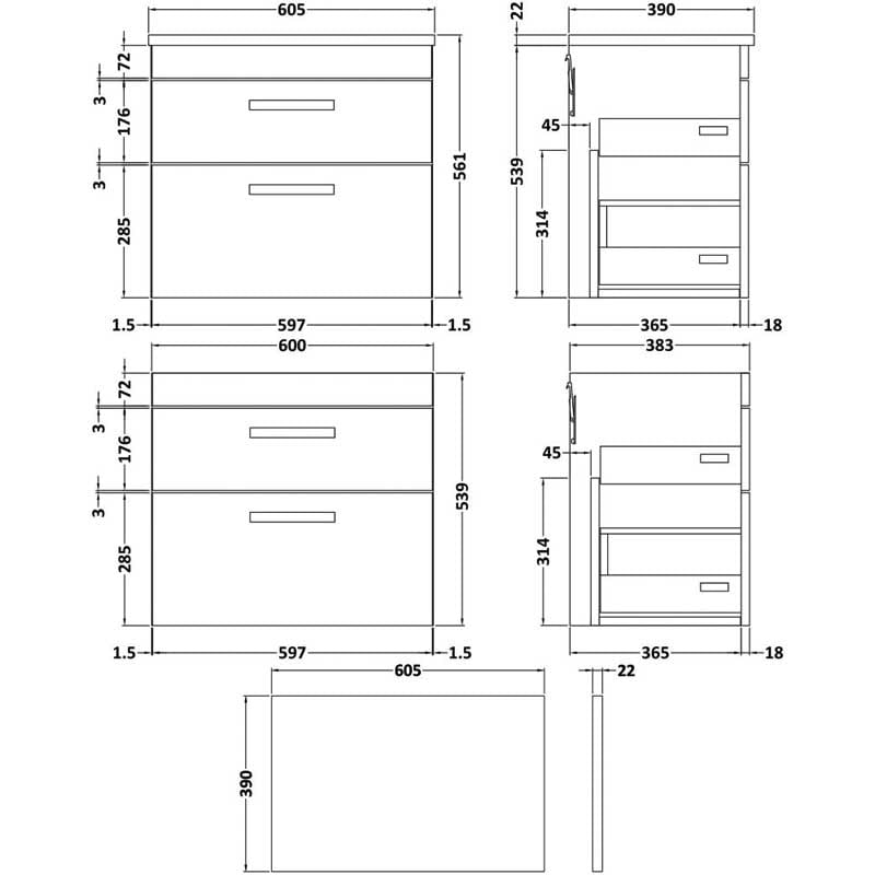 Nuie Athena Wall Hung 2-Drawer Vanity Unit with Sparkling Black Worktop 600mm Wide - Charcoal Black Woodgrain