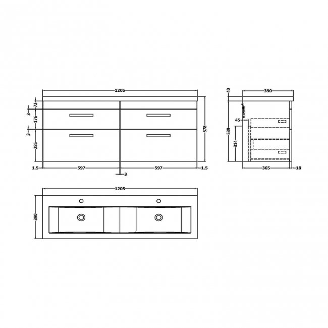 Nuie Athena Wall Hung 4-Drawer Vanity Unit with Double Ceramic Basin 1200mm Wide - Charcoal Black Woodgrain