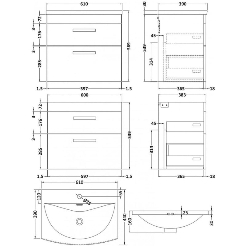 Nuie Athena Wall Hung 2-Drawer Vanity Unit with Basin-4 600mm Wide - Gloss White