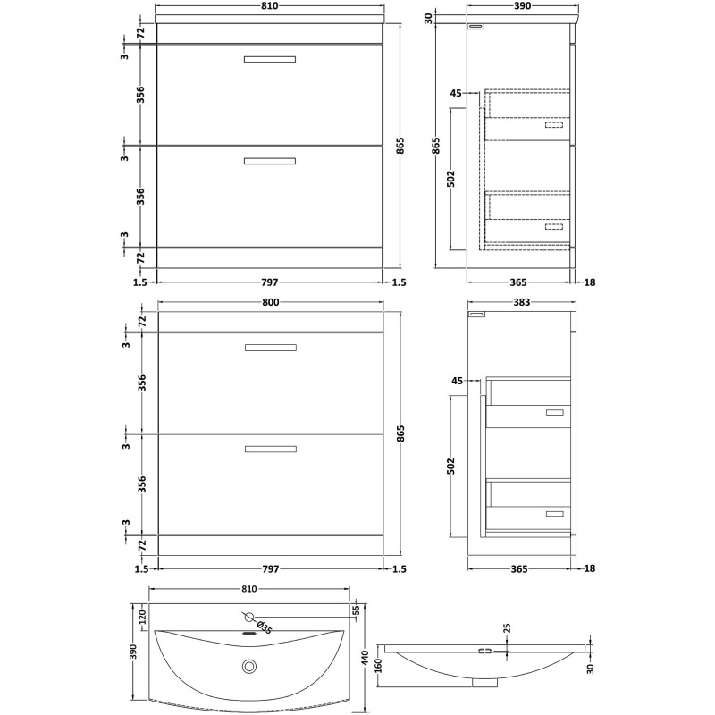 Nuie Athena Floor Standing 2-Drawer Vanity Unit with Basin-4 800mm Wide - Charcoal Black