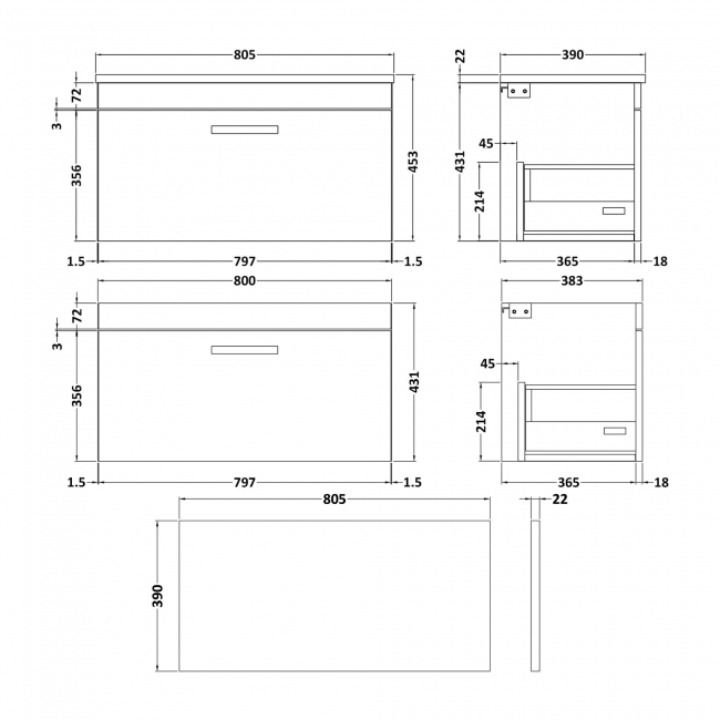 Nuie Athena Wall Hung 1-Drawer Vanity Unit with Grey Worktop 800mm Wide - Gloss White