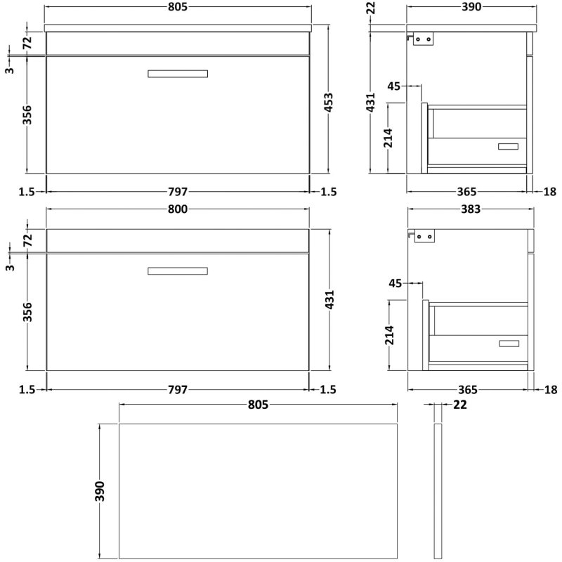 Nuie Athena Wall Hung 1-Drawer Vanity Unit with Sparkling White Worktop 800mm Wide - Gloss White