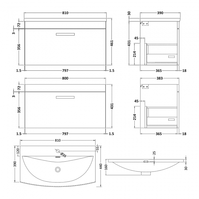 Nuie Athena Wall Hung 1-Drawer Vanity Unit with Basin-4 800mm Wide - Gloss White