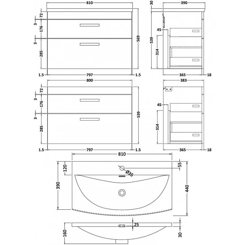 Nuie Athena Wall Hung 2-Drawer Vanity Unit with Basin-4 800mm Wide - Gloss White