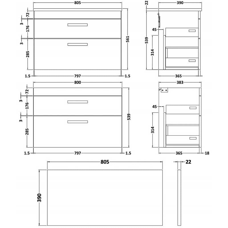 Nuie Athena Wall Hung 2-Drawer Vanity Unit with Sparkling Black Worktop 800mm Wide - Charcoal Black Woodgrain