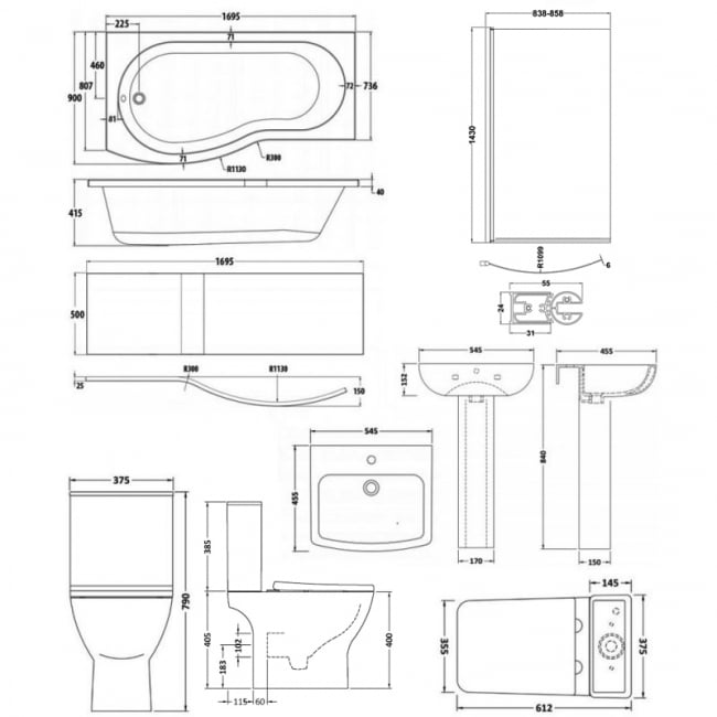 Nuie Ava Complete Bathroom Suite with B-Shaped Shower Bath 1700mm - Left Handed