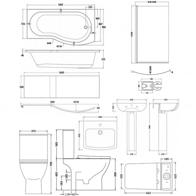 Nuie Ava Complete Bathroom Suite with B-Shaped Shower Bath 1700mm - Right Handed