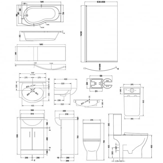 Nuie Ava Complete Furniture Suite with Vanity Unit and B-Shaped Shower Bath 1700mm LH