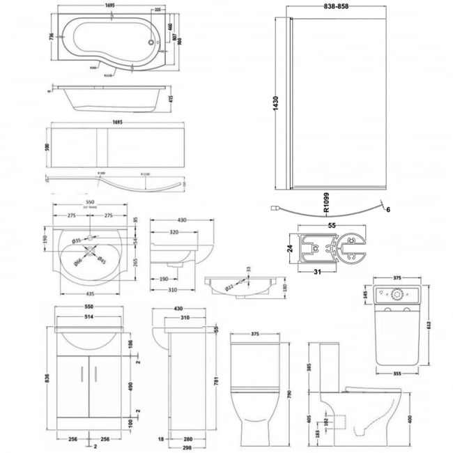 Nuie Ava Complete Furniture Suite with Vanity Unit and B-Shaped Shower Bath 1700mm RH