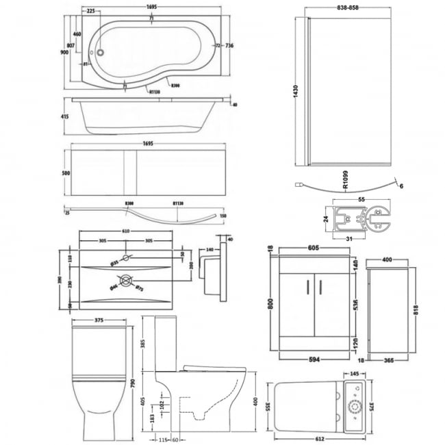 Nuie Ava Complete Furniture Suite with 600mm Vanity Unit and B-Shaped Shower Bath 1700mm LH