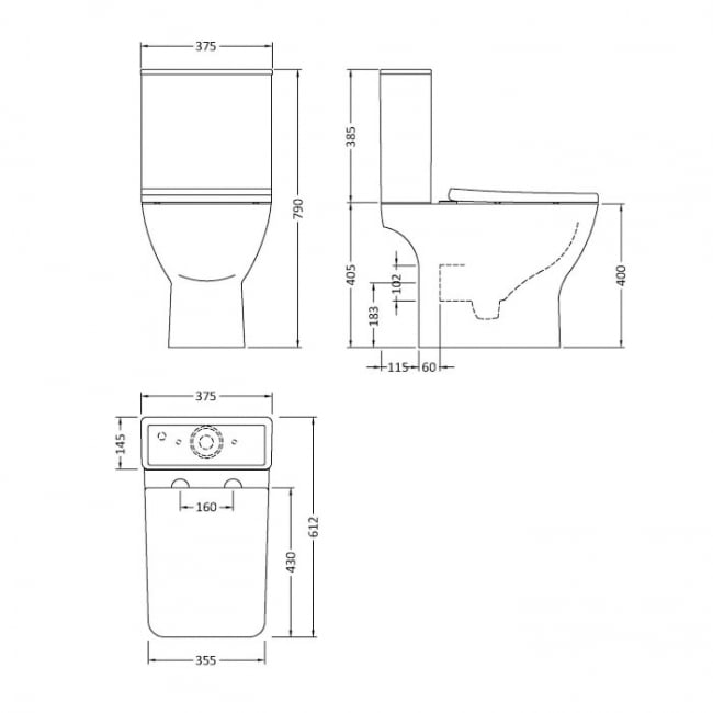 Nuie Ava Close Coupled Rimless Toilet Push Button Cistern - Soft Close Seat