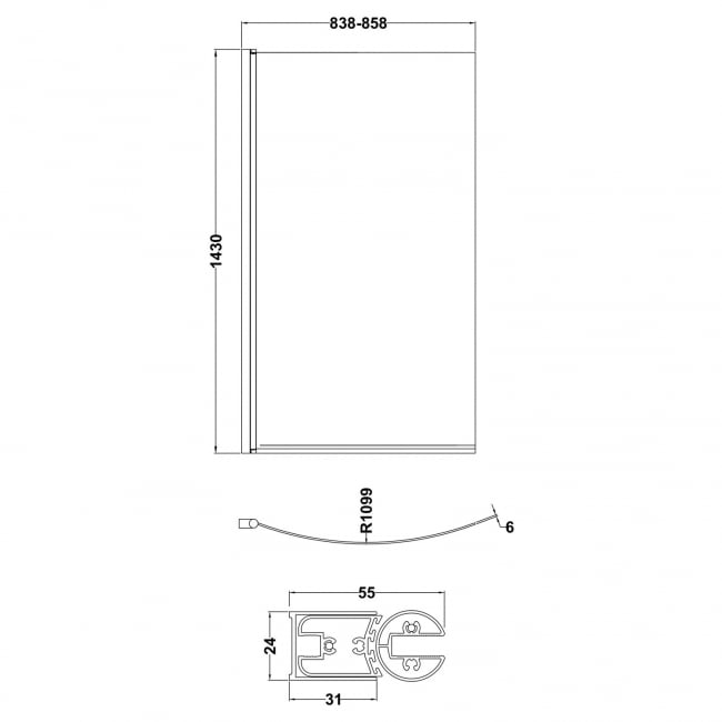 Nuie Curved B Shaped Hinged Bath Screen 1435mm H x 850mm W - 6mm Glass