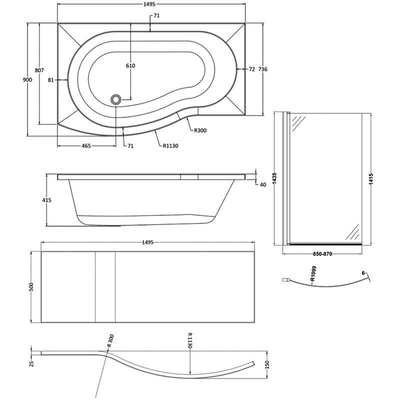 Nuie B-Shaped Bath | SBATH20 | 1500mm X 800mm | Acrylic