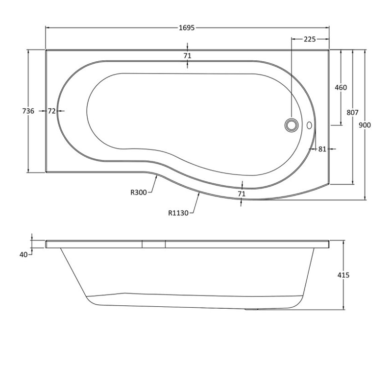 Nuie B-Shaped Bath | WBB1785R | 1700mm X 736 - 900mm | Acrylic