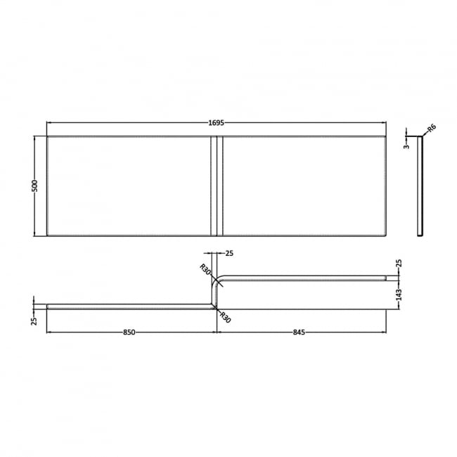 Nuie L-Shaped Shower Bath Front Panel 500mm H x 1700mm W - Acrylic