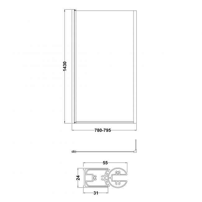 Nuie Pacific Square Bath Screen with Fixed Return Panel 1430mm H x 795mm W - 6mm Glass