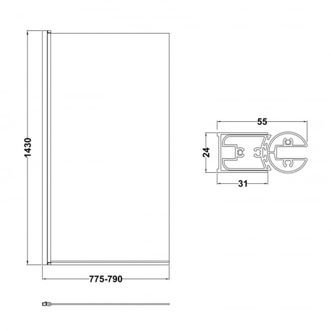 Nuie Brushed Pewter Square Top Hinged Bath Screen 1430mm H x 790mm W - 6mm Glass