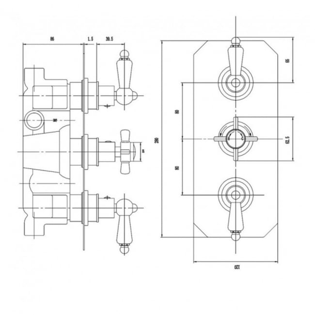 Nuie Beaumont Traditional Concealed Shower Valve Triple Handle - Chrome