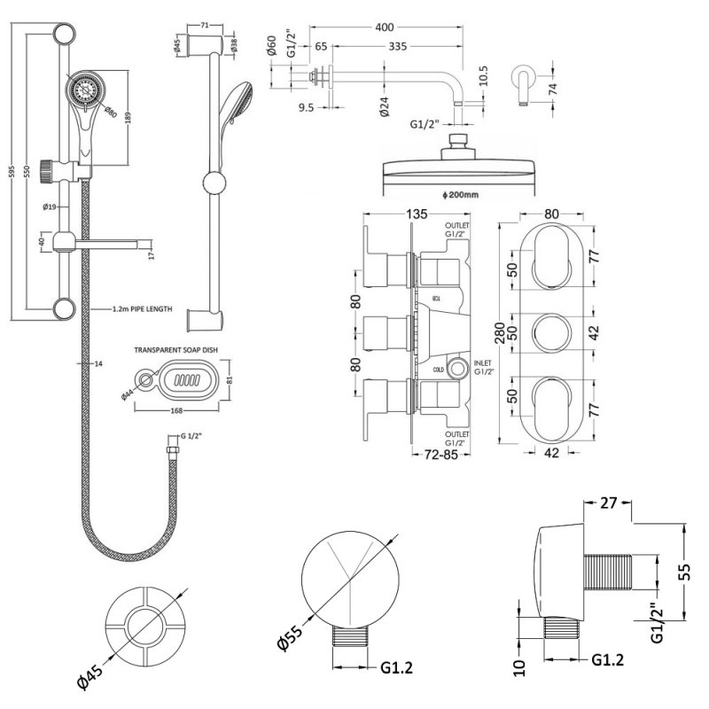 Nuie Arvan Twin Thermostatic Concealed Complete Mixer Shower with Diverter - Chrome